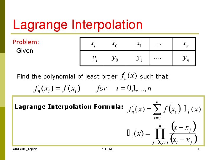 Lagrange Interpolation …. Problem: Given …. Find the polynomial of least order such that: