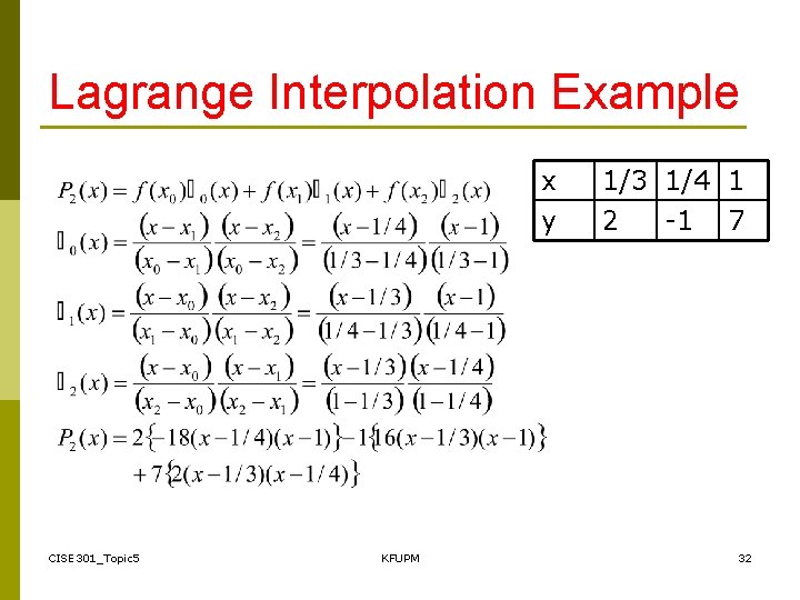 Lagrange Interpolation Example x y CISE 301_Topic 5 KFUPM 1/3 1/4 1 2 -1