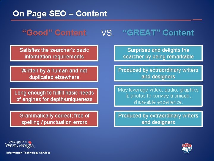 On Page SEO – Content “Good” Content VS. “GREAT” Content Satisfies the searcher’s basic