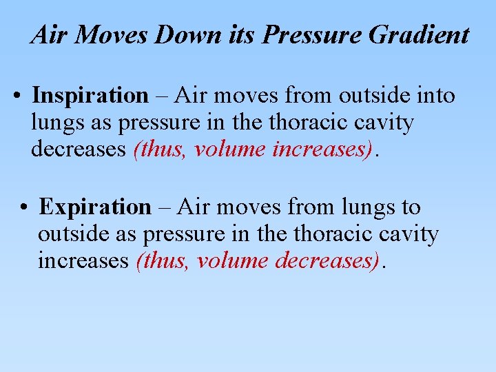 Air Moves Down its Pressure Gradient • Inspiration – Air moves from outside into