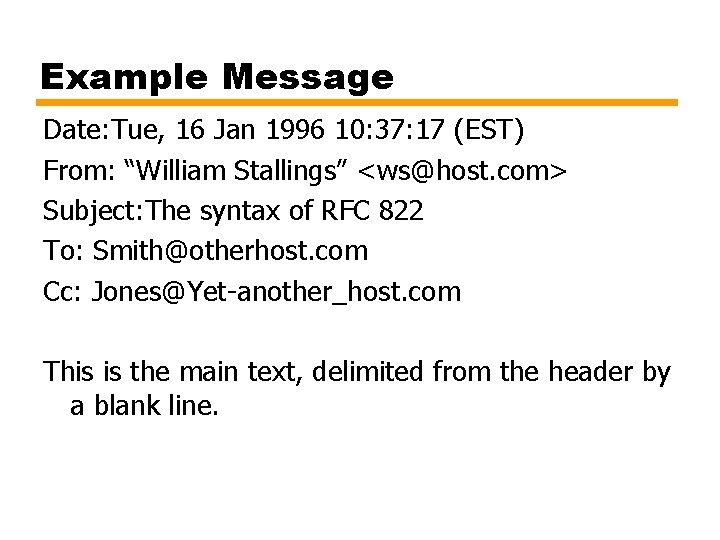 Example Message Date: Tue, 16 Jan 1996 10: 37: 17 (EST) From: “William Stallings”