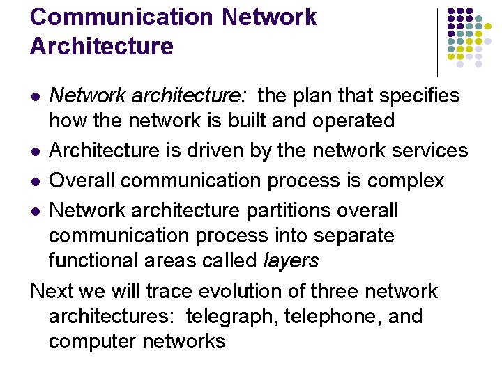 Communication Network Architecture Network architecture: the plan that specifies how the network is built