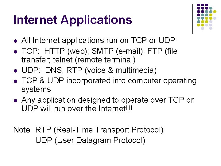 Internet Applications l l l All Internet applications run on TCP or UDP TCP: