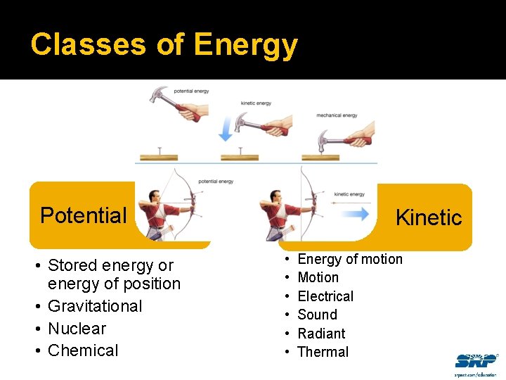 Classes of Energy Potential • Stored energy or energy of position • Gravitational •