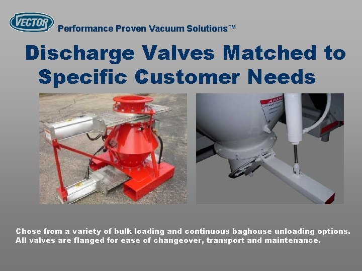 Performance Proven Vacuum Solutions™ Discharge Valves Matched to Specific Customer Needs Chose from a