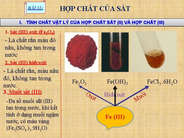 BÀI 32: HỢP CHẤT CỦA SẮT I. TÍNH CHẤT VẬT LÝ CỦA HỢP CHẤT