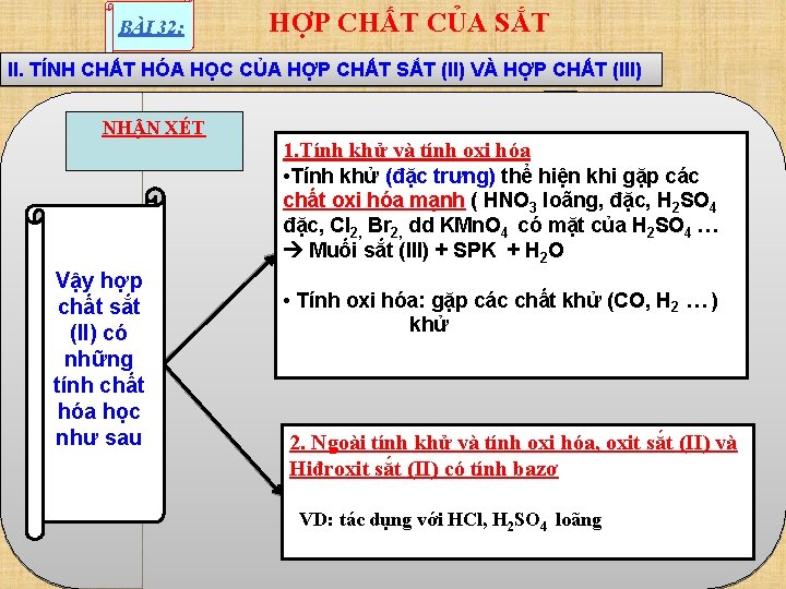 BÀI 32: HỢP CHẤT CỦA SẮT II. TÍNH CHẤT HÓA HỌC CỦA HỢP CHẤT