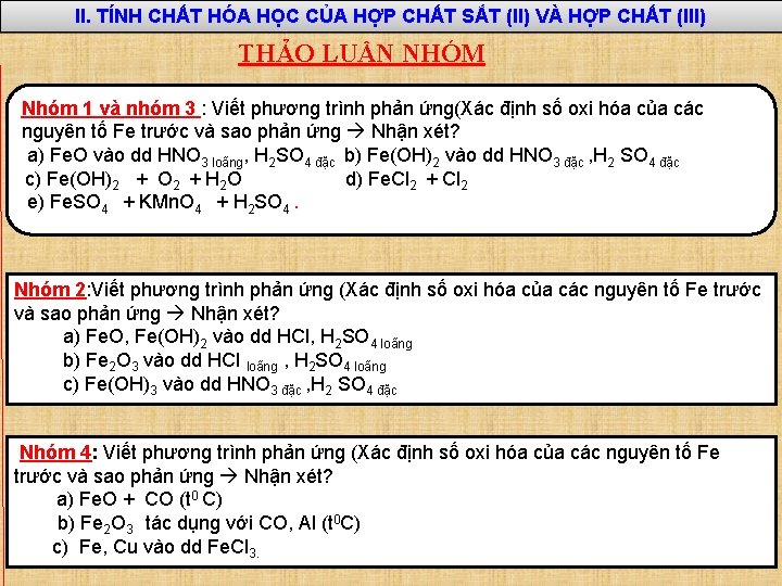 II. TÍNH CHẤT HÓA HỌC CỦA HỢP CHẤT SẮT (II) VÀ HỢP CHẤT (III)