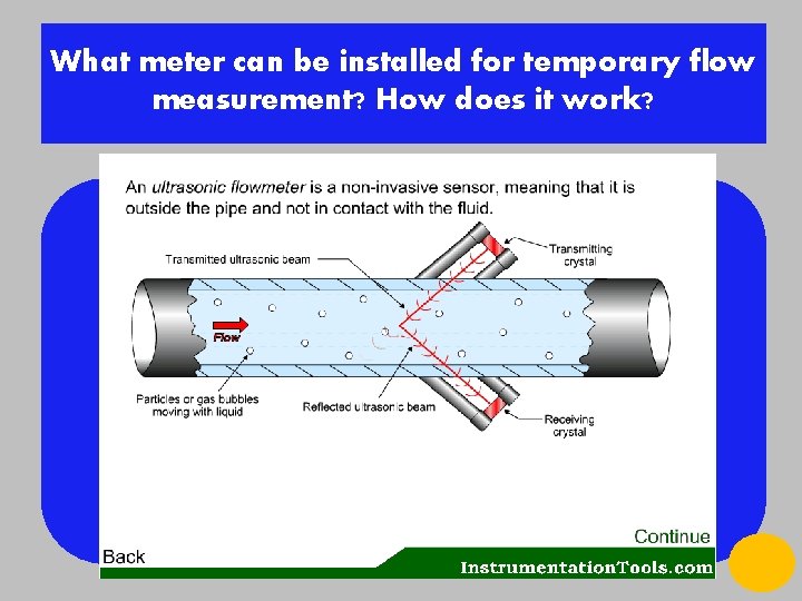 What meter can be installed for temporary flow measurement? How does it work? Answer: