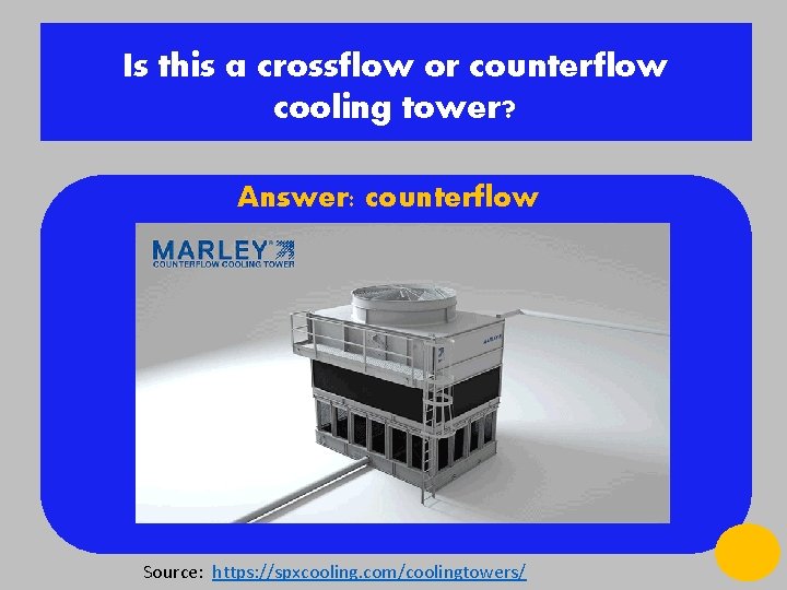 Is this a crossflow or counterflow cooling tower? Answer: counterflow Source: https: //spxcooling. com/coolingtowers/