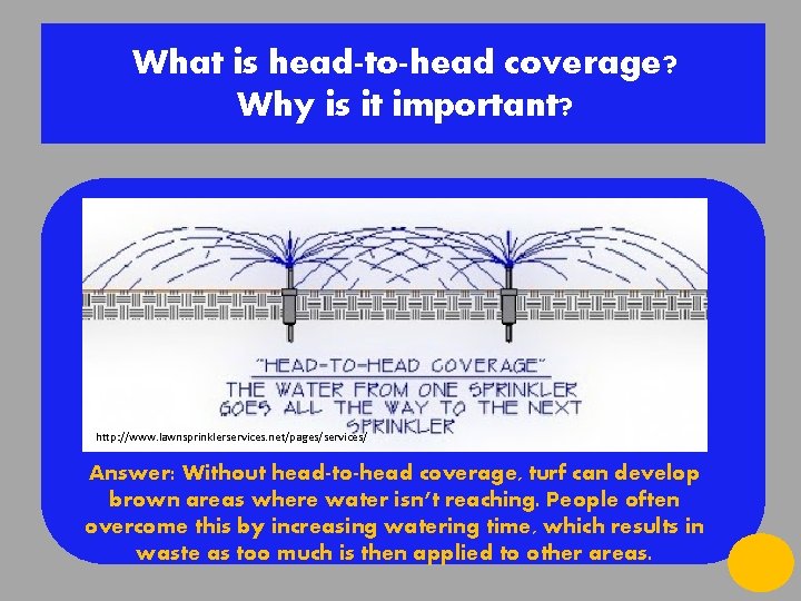 What is head-to-head coverage? Why is it important? http: //www. lawnsprinklerservices. net/pages/services/ Answer: Without