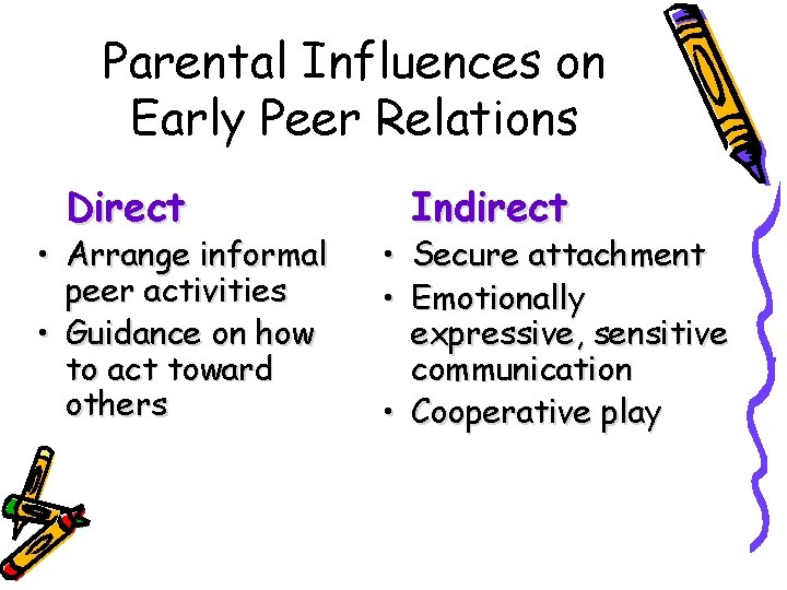 Parental Influences on Early Peer Relations Direct • Arrange informal peer activities • Guidance