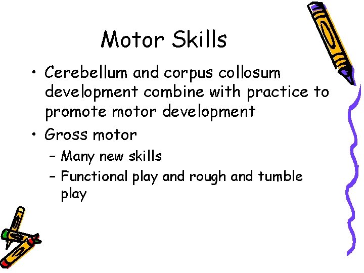 Motor Skills • Cerebellum and corpus collosum development combine with practice to promote motor