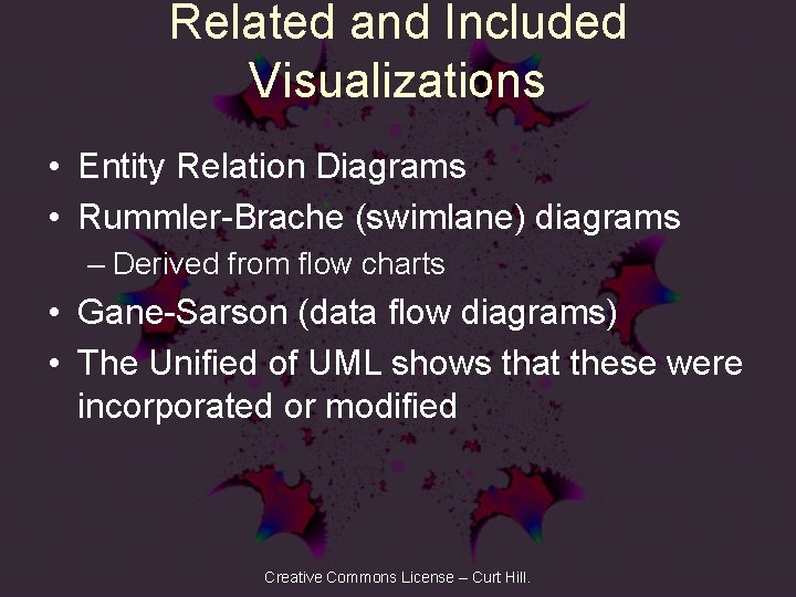 Related and Included Visualizations • Entity Relation Diagrams • Rummler-Brache (swimlane) diagrams – Derived