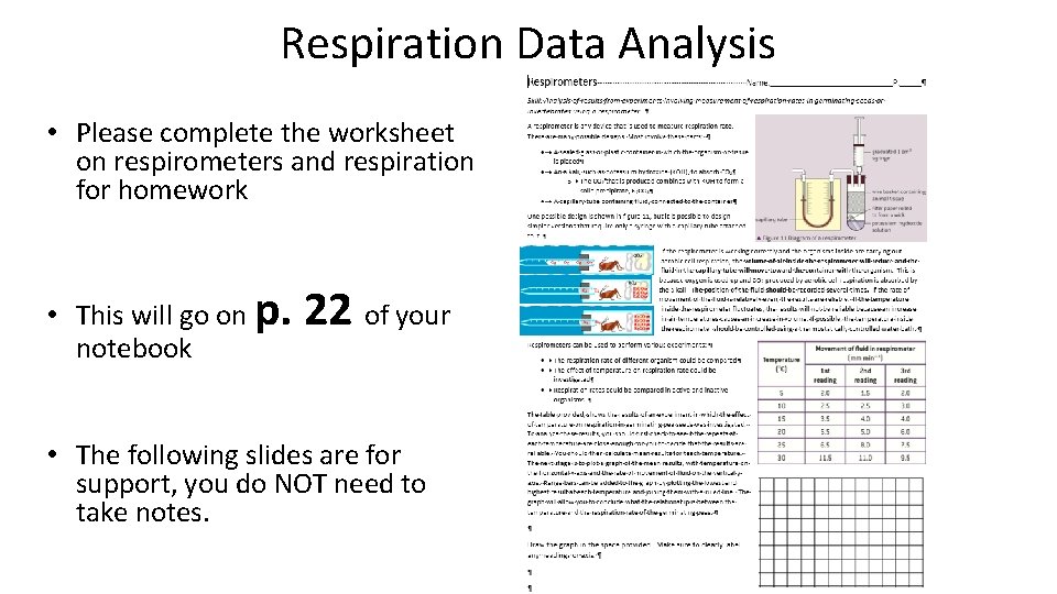 Respiration Data Analysis • Please complete the worksheet on respirometers and respiration for homework