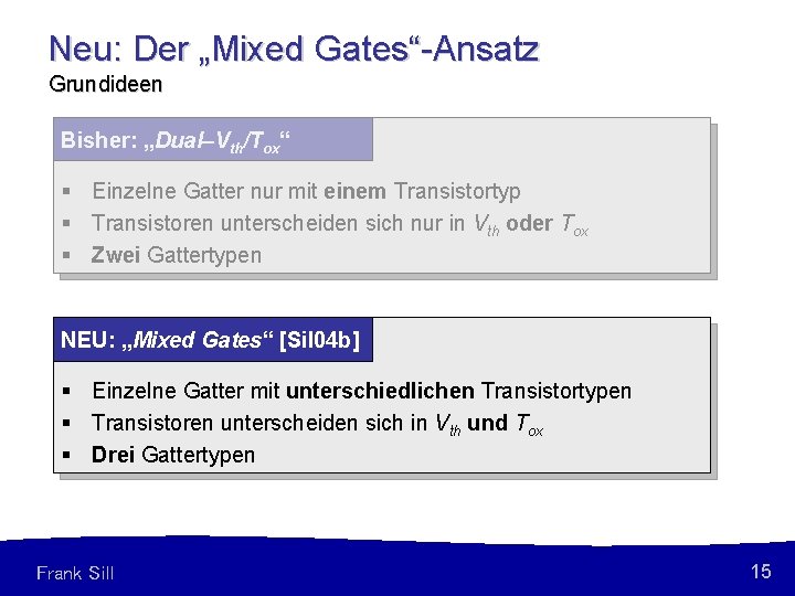 Neu: Der „Mixed Gates“-Ansatz Grundideen Bisher: „Dual–Vth/Tox“ § Einzelne Gatter nur mit einem Transistortyp