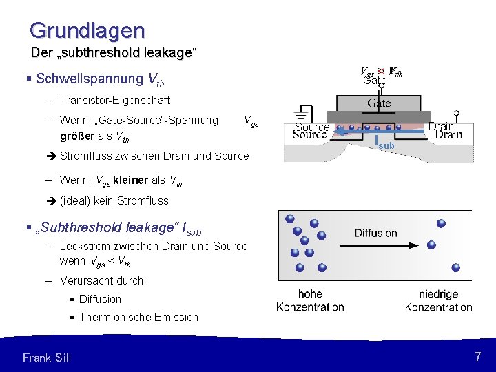 Grundlagen Der „subthreshold leakage“ § Schwellspannung Vth Gate – Transistor-Eigenschaft – Wenn: „Gate-Source“-Spannung größer