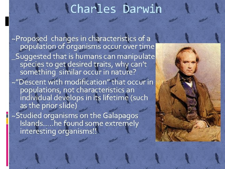 Charles Darwin ~Proposed changes in characteristics of a population of organisms occur over time