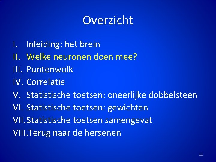 Overzicht I. Inleiding: het brein II. Welke neuronen doen mee? III. Puntenwolk IV. Correlatie