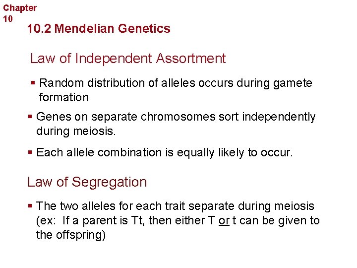 Chapter 10 Sexual Reproduction and Genetics 10. 2 Mendelian Genetics Law of Independent Assortment