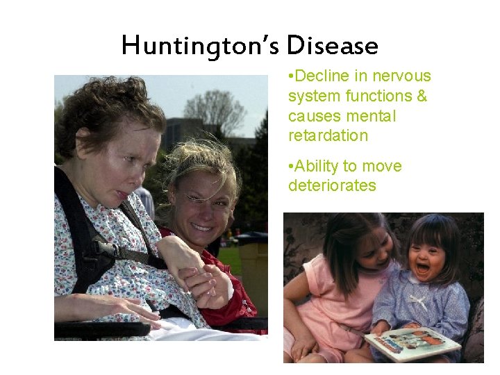 Huntington’s Disease • Decline in nervous system functions & causes mental retardation • Ability