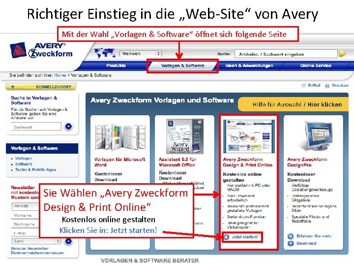 Richtiger Einstieg in die „Web-Site“ von Avery Mit der Wahl „Vorlagen & Software“ öffnet