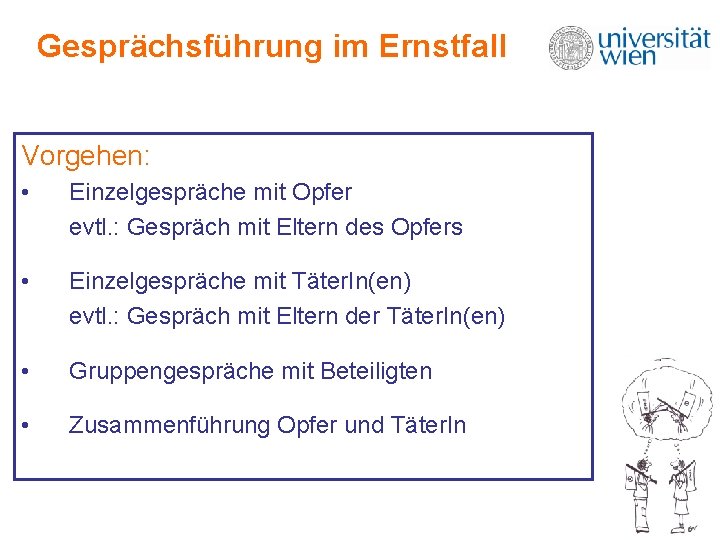 Gesprächsführung im Ernstfall Vorgehen: • Einzelgespräche mit Opfer evtl. : Gespräch mit Eltern des Gesprächsführung im Ernstfall Vorgehen: • Einzelgespräche mit Opfer evtl. : Gespräch mit Eltern des