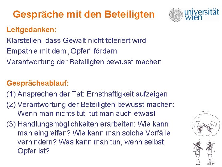 Gespräche mit den Beteiligten Leitgedanken: Klarstellen, dass Gewalt nicht toleriert wird Empathie mit dem Gespräche mit den Beteiligten Leitgedanken: Klarstellen, dass Gewalt nicht toleriert wird Empathie mit dem