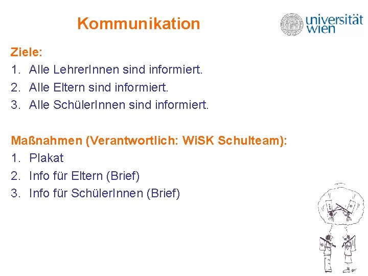 Kommunikation Ziele: 1. Alle Lehrer. Innen sind informiert. 2. Alle Eltern sind informiert. 3. Kommunikation Ziele: 1. Alle Lehrer. Innen sind informiert. 2. Alle Eltern sind informiert. 3.