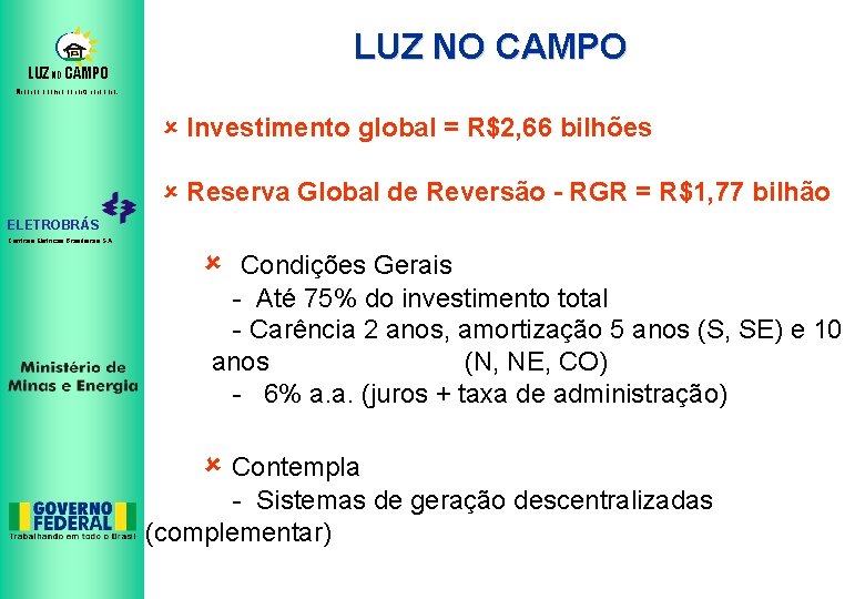 LUZ NO CAMPO Mudando o campo da noite para o dia. û Investimento global