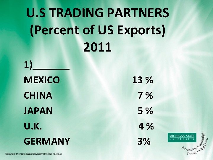 U. S TRADING PARTNERS (Percent of US Exports) 2011 1)_______ MEXICO CHINA JAPAN U.