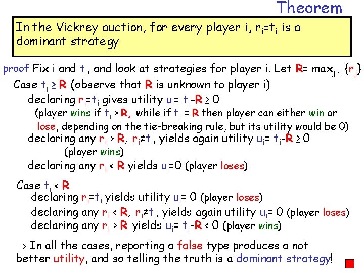 Theorem In the Vickrey auction, for every player i, ri=ti is a dominant strategy