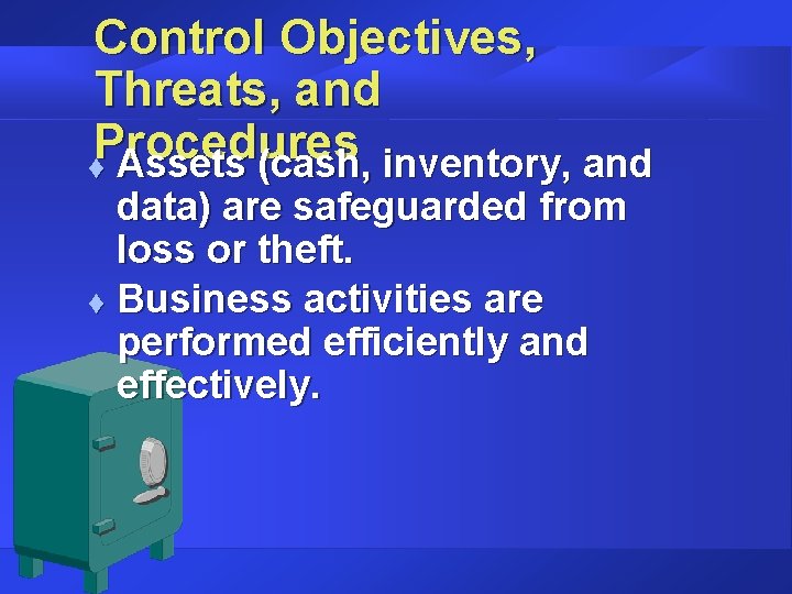 Control Objectives, Threats, and Procedures t Assets (cash, inventory, and data) are safeguarded from