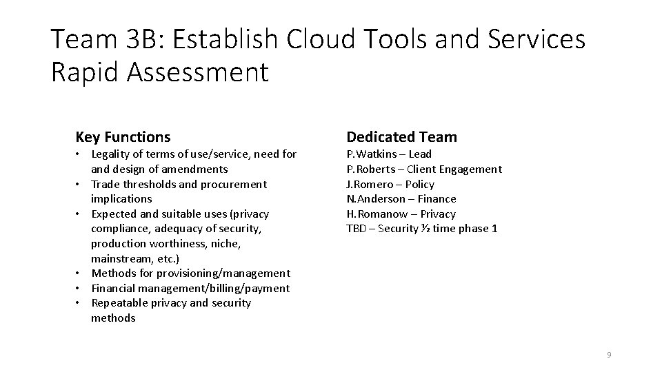 Team 3 B: Establish Cloud Tools and Services Rapid Assessment Key Functions • Legality Team 3 B: Establish Cloud Tools and Services Rapid Assessment Key Functions • Legality
