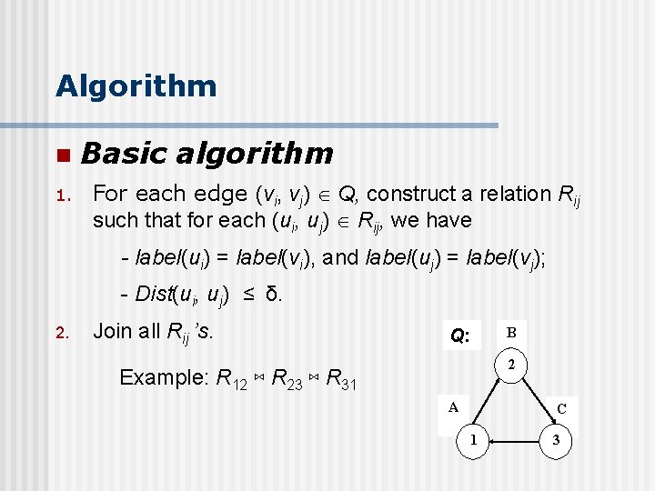 Algorithm n 1. Basic algorithm For each edge (vi, vj) Q, construct a relation