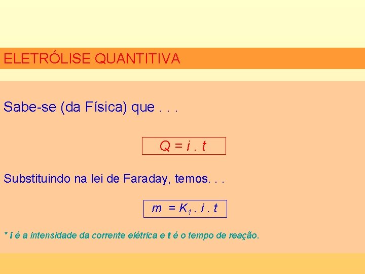 ELETRÓLISE QUANTITIVA Sabe-se (da Física) que. . . Q = i. t Substituindo na ELETRÓLISE QUANTITIVA Sabe-se (da Física) que. . . Q = i. t Substituindo na