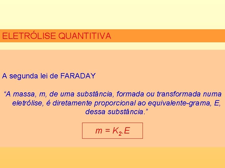 ELETRÓLISE QUANTITIVA A segunda lei de FARADAY “A massa, m, de uma substância, formada