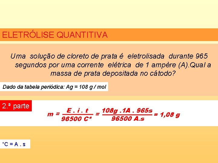 ELETRÓLISE QUANTITIVA Uma solução de cloreto de prata é eletrolisada durante 965 segundos por