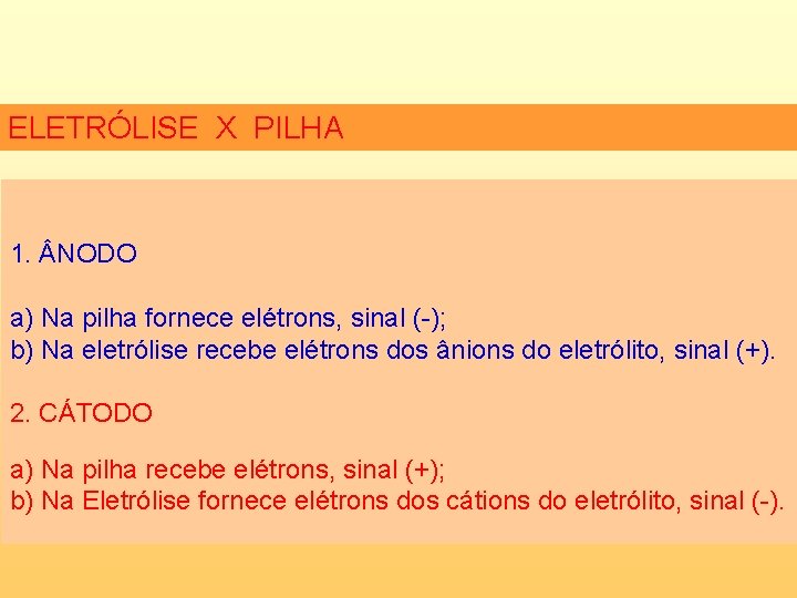 ELETRÓLISE X PILHA 1. NODO a) Na pilha fornece elétrons, sinal (-); b) Na
