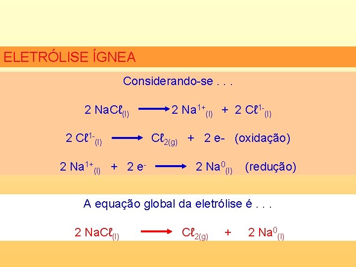 ELETRÓLISE ÍGNEA Considerando-se. . . 2 Na. Cℓ(l) 2 Na 1+(l) + 2 Cℓ