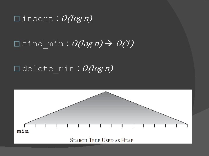 � insert : O(log n) � find_min : O(log n) O(1) � delete_min :