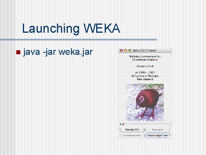 Launching WEKA n java -jar weka. jar 