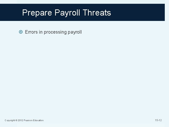 Prepare Payroll Threats Errors in processing payroll Copyright © 2012 Pearson Education 15 -12