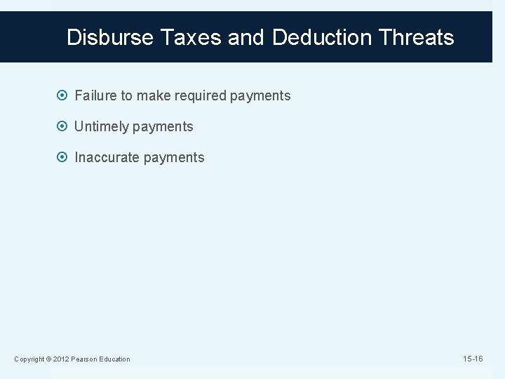 Disburse Taxes and Deduction Threats Failure to make required payments Untimely payments Inaccurate payments