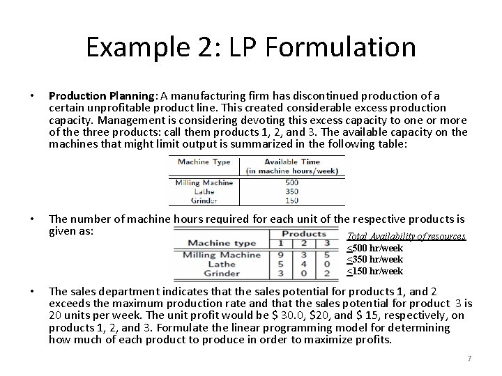 Example 2: LP Formulation • Production Planning: A manufacturing firm has discontinued production of