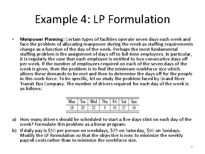 Example 4: LP Formulation • Manpower Planning: Certain types of facilities operate seven days