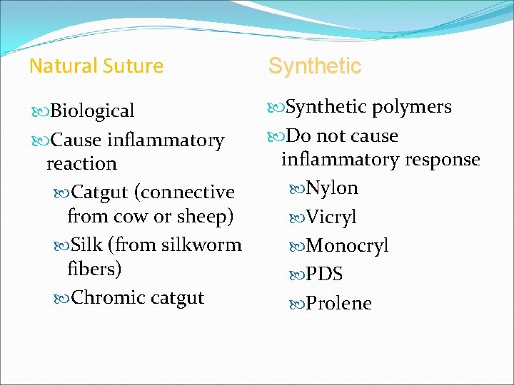 Natural Suture Synthetic Biological Cause inflammatory reaction Catgut (connective from cow or sheep) Silk