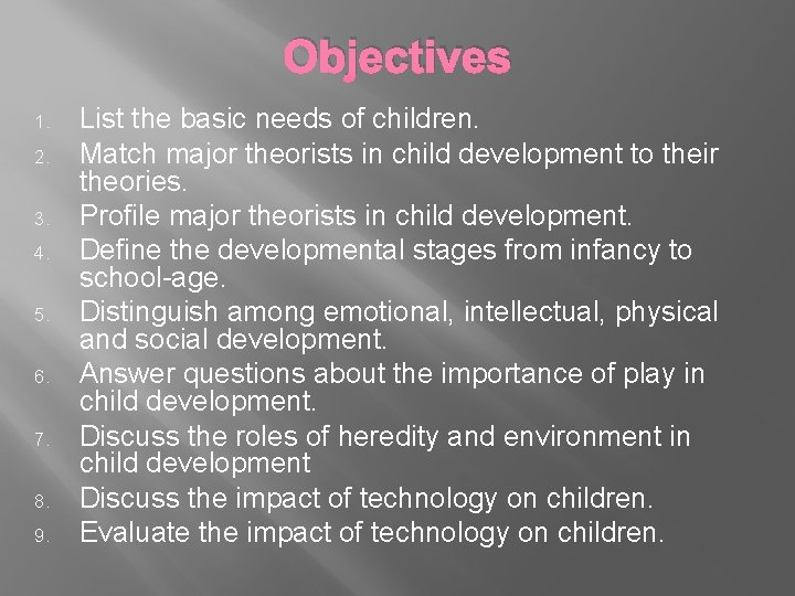 Objectives 1. 2. 3. 4. 5. 6. 7. 8. 9. List the basic needs