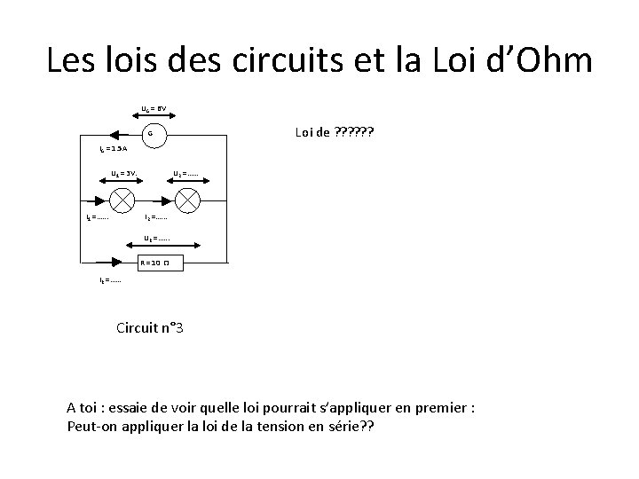 Les lois des circuits et la Loi d’Ohm UG = 6 V Loi de