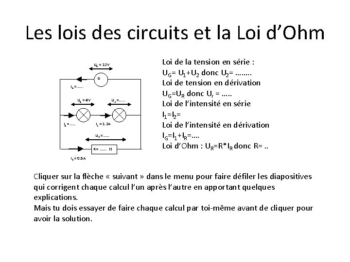 Les lois des circuits et la Loi d’Ohm UG = 12 V G IG